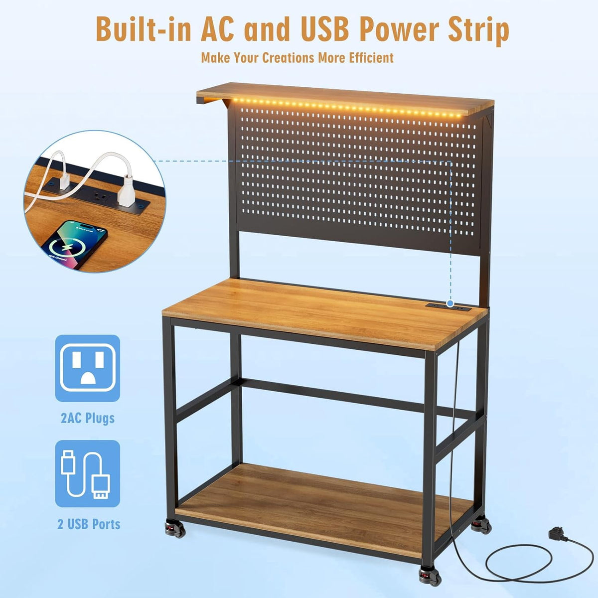PakaLife 39.4"W 3D Printer Stand with Filament Storage, LED Lights and Charging Station, Spools Holder Racks, for Workshop/Office/Garage, Brown
