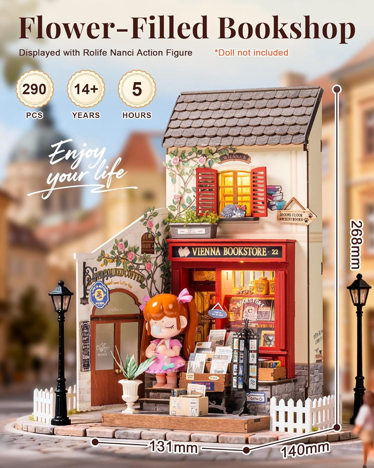 Rolife Vienna Bookstore DIY Miniature House Kit, 3D Wooden Puzzle Bookshelf Decor, Craft Model Building Set for Teens Adults, Creative Home Desk Decor Gift for Book Lovers