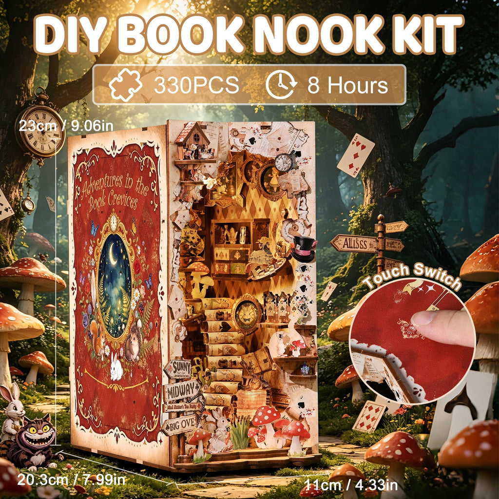 DIY Book Nook Kit with LED Light, Fantasy Wonderland Fold-Out Storybook Diorama, 3D Wooden Puzzle Bookshelf Decor Gift for Adults Teens