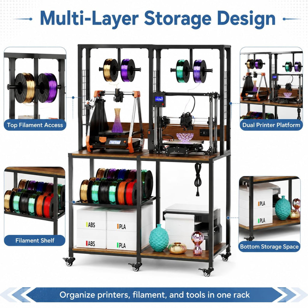Heavy Duty 3D Printer Stand with Filament Storage Rack, Mobile 3D Printer Workbench with T-Shaped Filament Spool Holder, Lockable Wheels & Storage Shelves for Home Office Workshop (Style A)