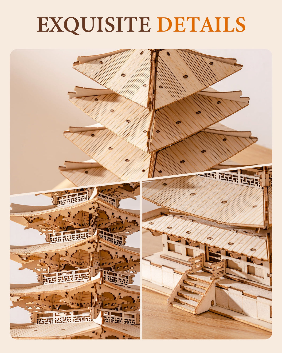 Robotime Wooden 3D Puzzle for Adult to Build, Five-storied Pagoda Model Building Kit, 275PCS DIY Puzzle Toys Craft Kits, Gifts for Kids Adults