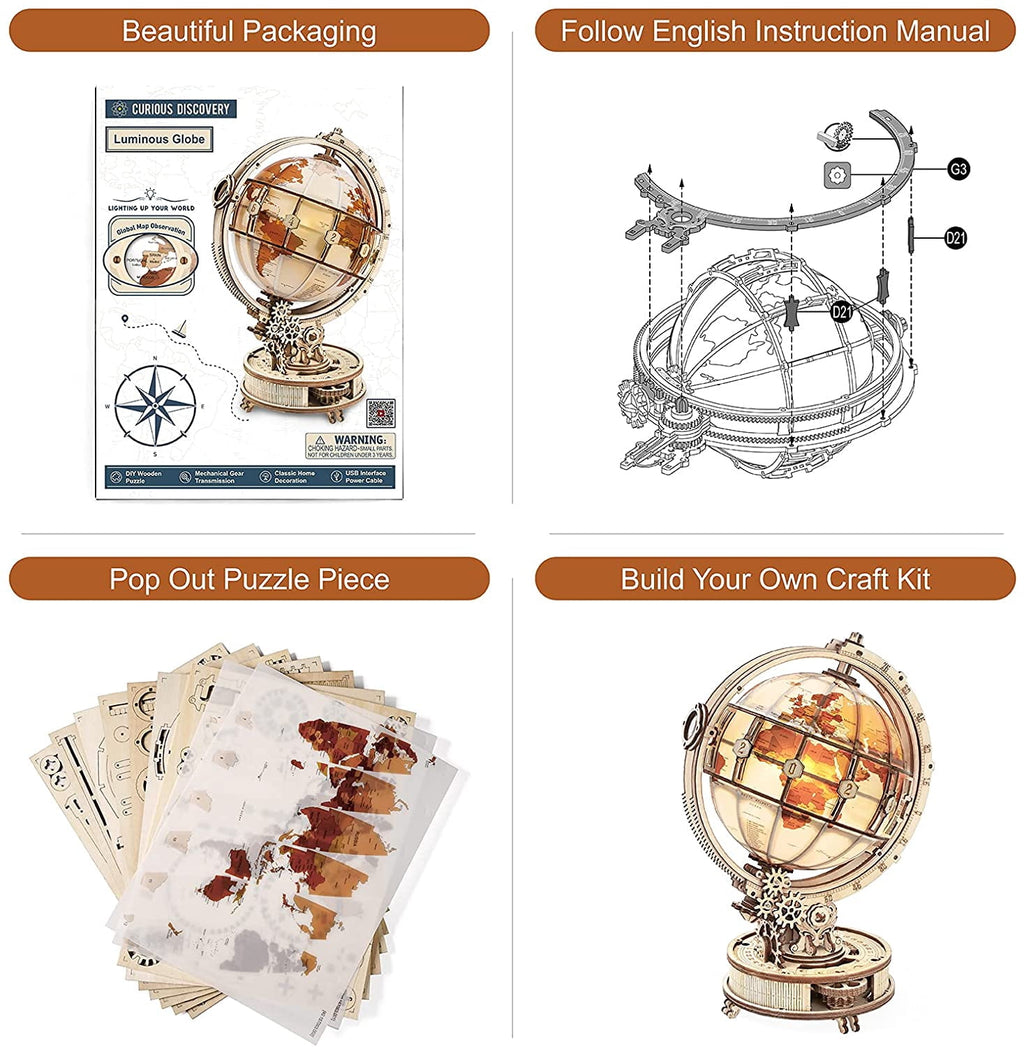 Robotime Luminous Globe Wood 3D Puzzle with Night Light, Creative Gift for Adults & Teens 14+, 180 Pieces