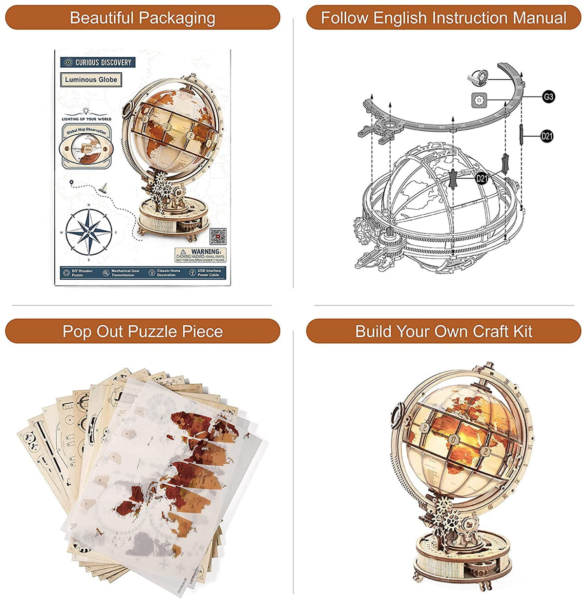 Robotime Luminous Globe Wood 3D Puzzle with Night Light, Creative Gift for Adults & Teens 14+, 180 Pieces