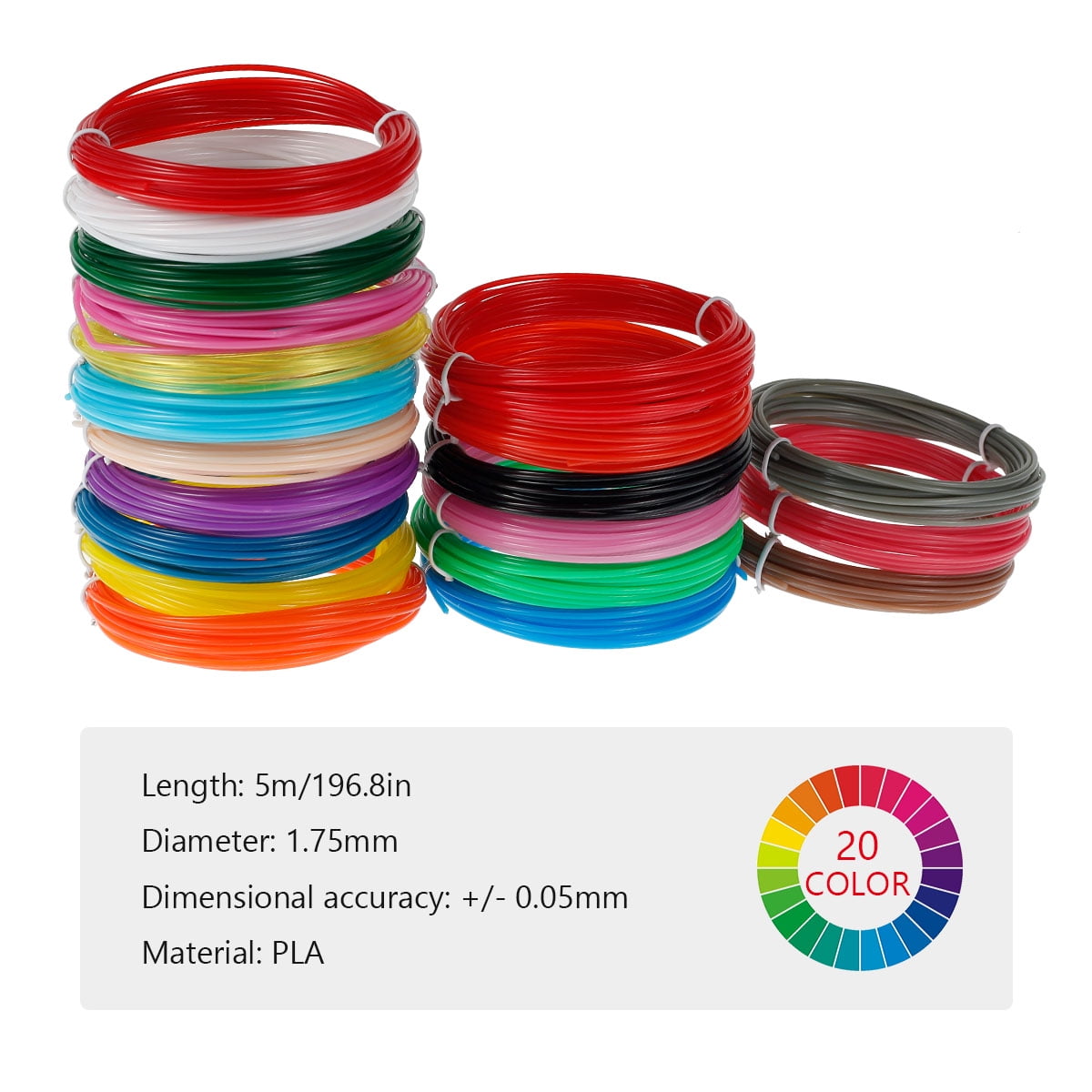 3D Pen Filament Refills PLA, 20 Colors 1.75mm 16.4 Feet per Color Total 3D Printing Pen Filament 3D Printer Filament for Most Intelligent 3D Pen