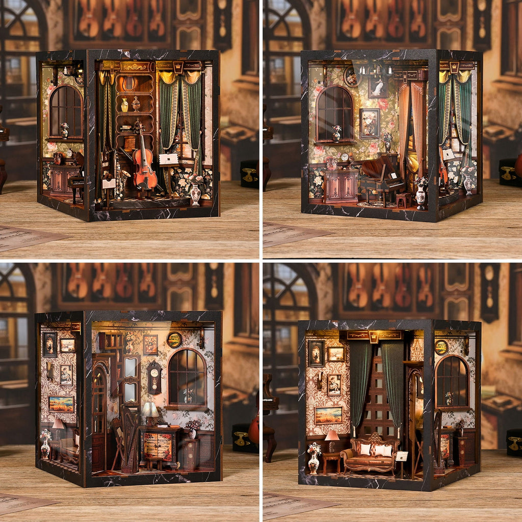 DIY Book Nook Kit with LED Light,Forest Tea Book Club Miniature House Bookshelf Insert Decor, 3D Wooden Puzzle Dollhouse Craft Kit for Adults Teens, Book Lover Gift