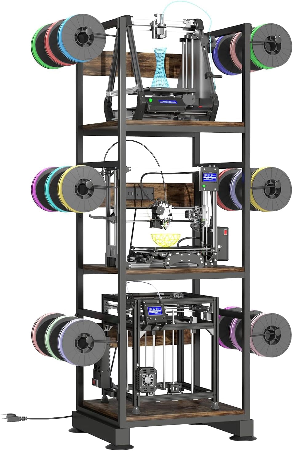 3-Tier 3D Printer Stand, Rack with Filament Storage, Retro Brown | Supports up to 3 printers side filament storage, 2 AC outlets + USB ports, 150 lb capacity for studios and workshops