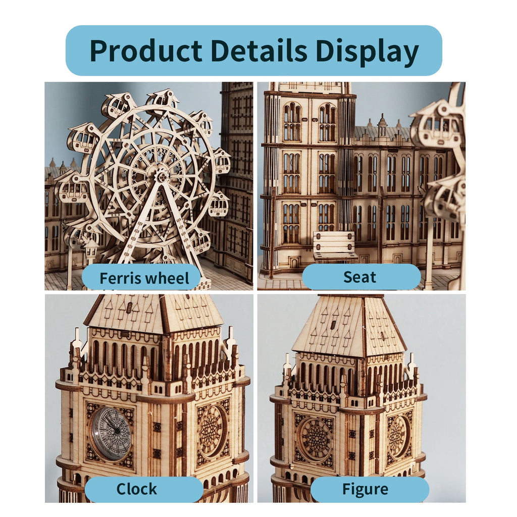 Music Park 3D Wooden Puzzle Big Ben & London Eye Model Kit for Adults Christmas Birthday Gift for Men Women Age 14+