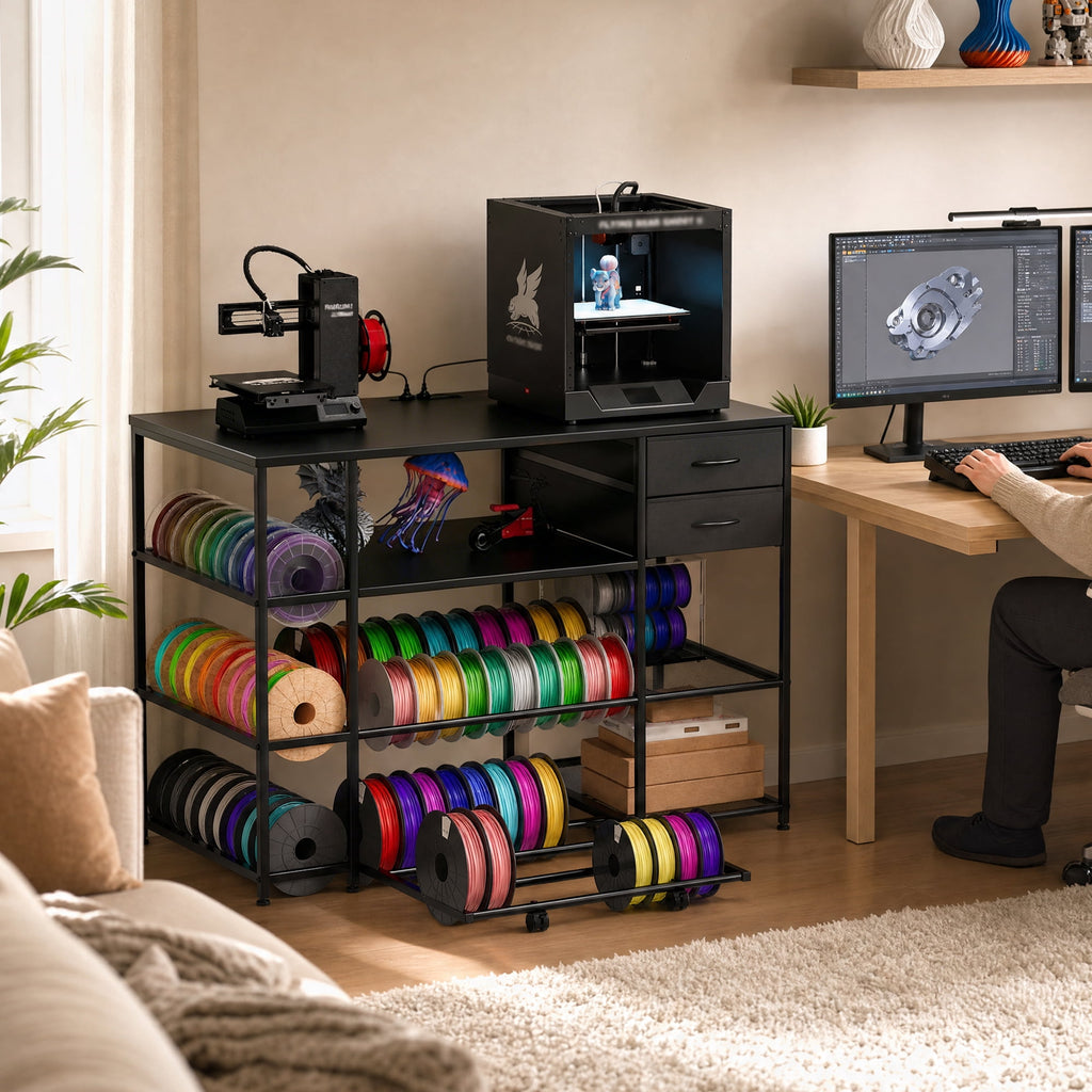 Advwin 47" Heavy Duty 3D Printer Stand with Power Outlet, Pull-Out Rolling Filament Storage Rack, 2 Fabric Drawers & Open Shelves, 3D Printer Table Workstation for Home Office Studio, Black