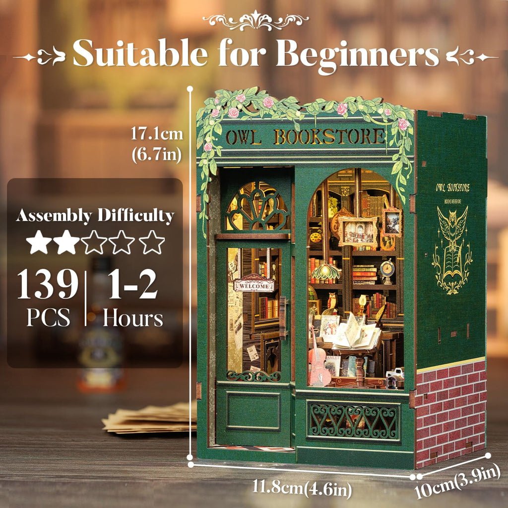 Book Nook Kit - DIY Miniature House Kit for Adults, Teens and Beginners, Booknook Tiny House Bookshelf Decor 3D Wooden Puzzle, Gifts for Family and Friends (Owl Bookstore)