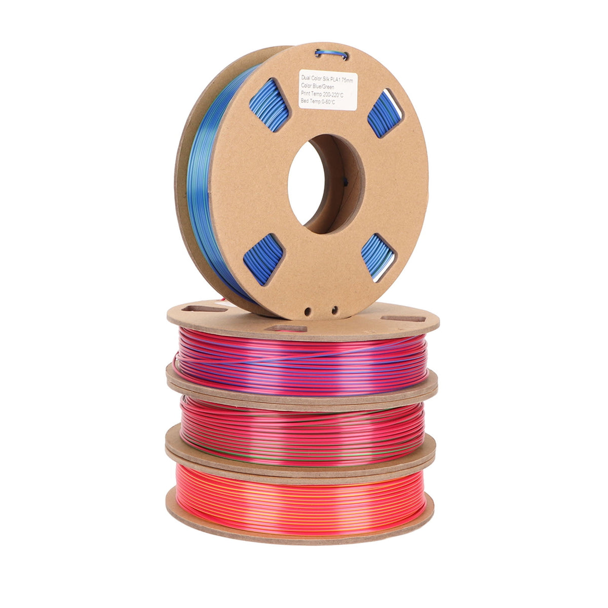 4-Roll Silk Dual Color PLA 3D Printer Filament Bundle, 1.75mm Dimensional Accuracy, Color Changing Spools (Red/Gold, Red/Green, Red/Blue, Blue/Green), 250g per Spool