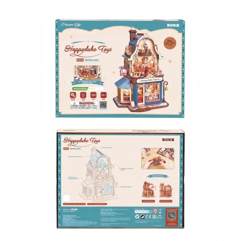 ROKR Happyduke Toys Moving Wooden 3D Puzzle Model Kit, 305-Piece Toy Shop Miniature House with Music Box, Warm LED Light for Adults and Teens