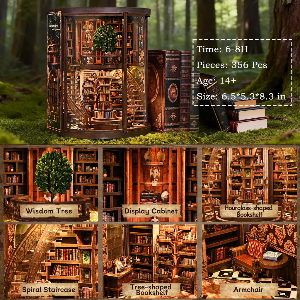 Wisdom Rings Book Repository DIY Book Nook Kit for Adults, 3D Wooden Puzzle Miniature Library Bookshelf Insert Bookend Decor with LED Light and Dust Cover, Touch Switch, Gift for Avid Readers