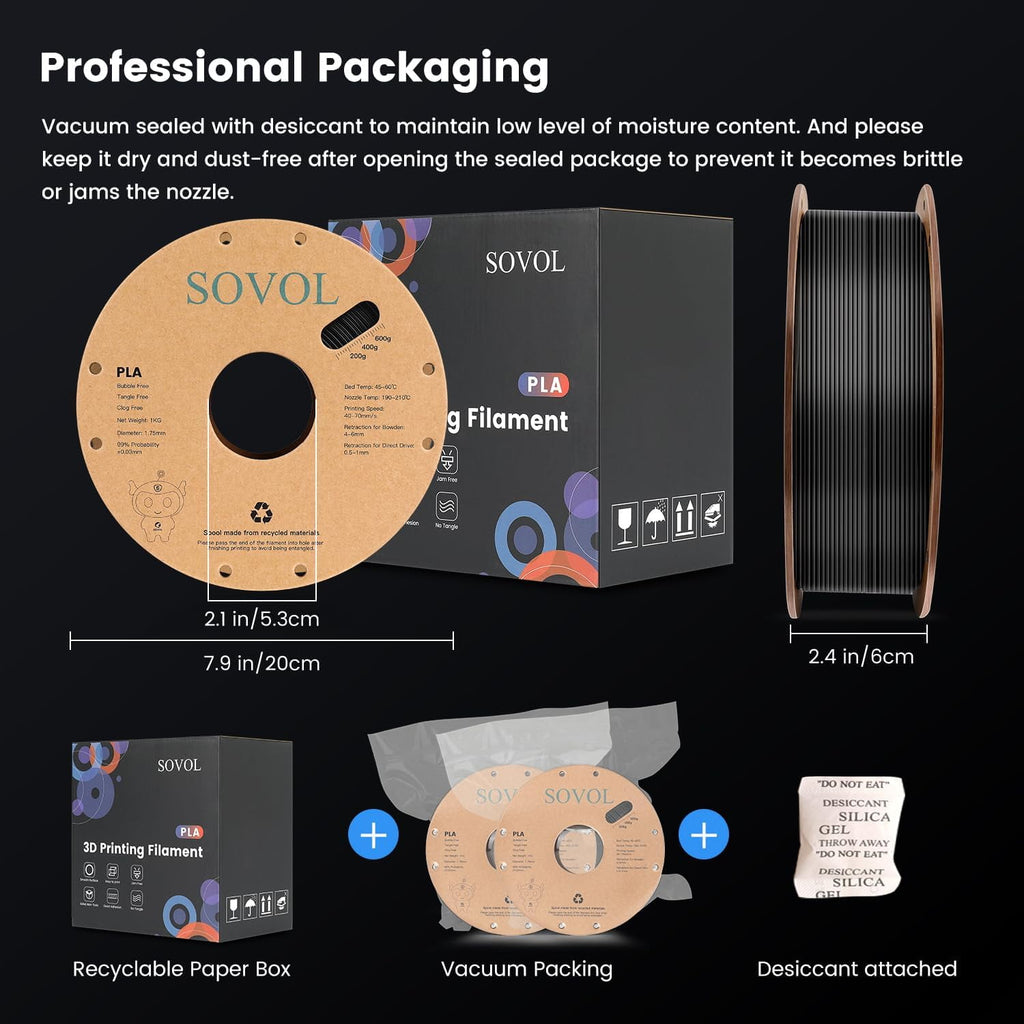 Sovol 3D Printer PLA Filament 1.75mm Spool Printing Materials, Wiring Tightness, Dimensional Accuracy (Black*1 White*1)