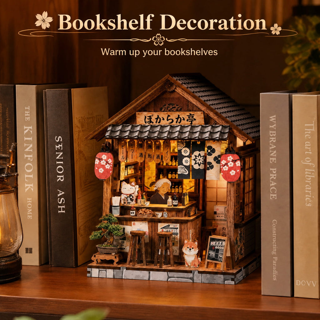 MOJINO Book Nook Kit for Adults, DIY Miniature House Kit with LED Light, 3D Wooden Puzzle Bookshelf Decor, Craft Kit, Japanese Izakaya