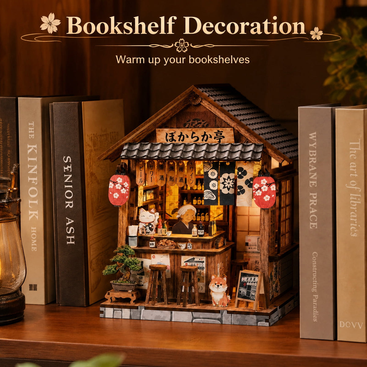 MOJINO Book Nook Kit for Adults, DIY Miniature House Kit with LED Light, 3D Wooden Puzzle Bookshelf Decor, Craft Kit, Japanese Izakaya