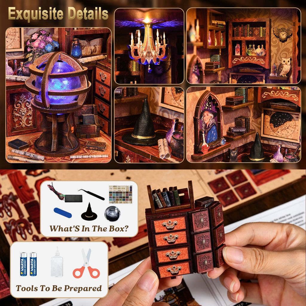 DIY Book Nook Kit with LED Light, Fantasy Wonderland Fold-Out Storybook Diorama, 3D Wooden Puzzle Bookshelf Decor Gift for Adults Teens