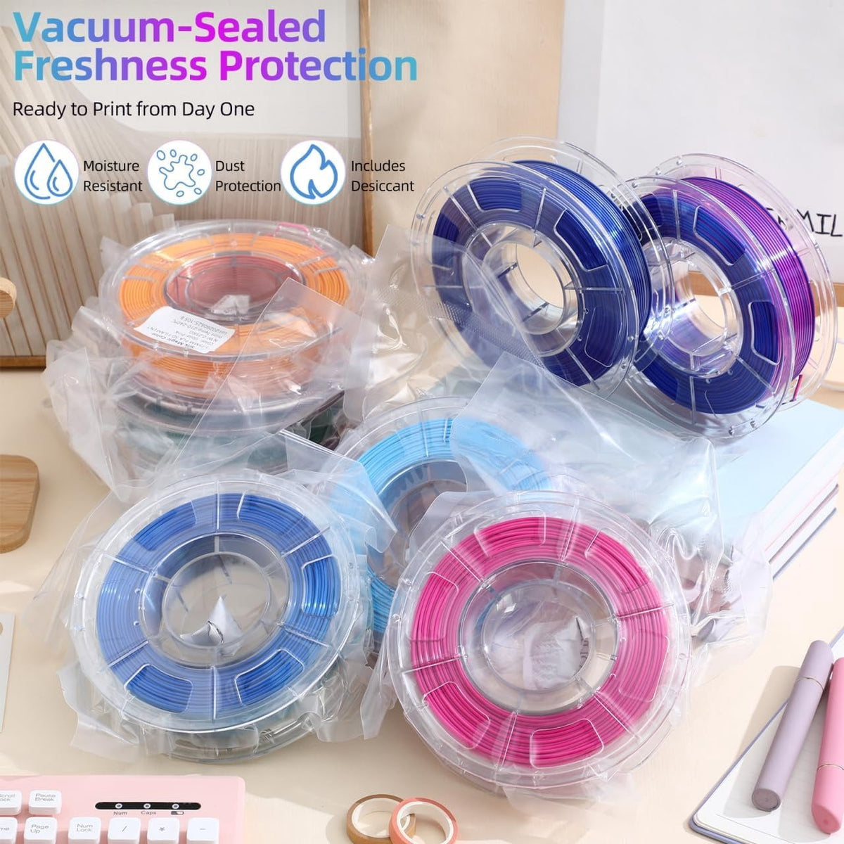 Silk PLA Printer Filament Bundle, Color 8 Rolls, 1.75mm