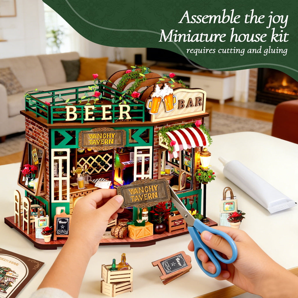 WLBES 3D Wooden Puzzle Book Nook Kit for Adults, DIY Miniature Tavern House Model Kit, Cute Book Nooks for Bookshelf, Home Decor Craft Hobby