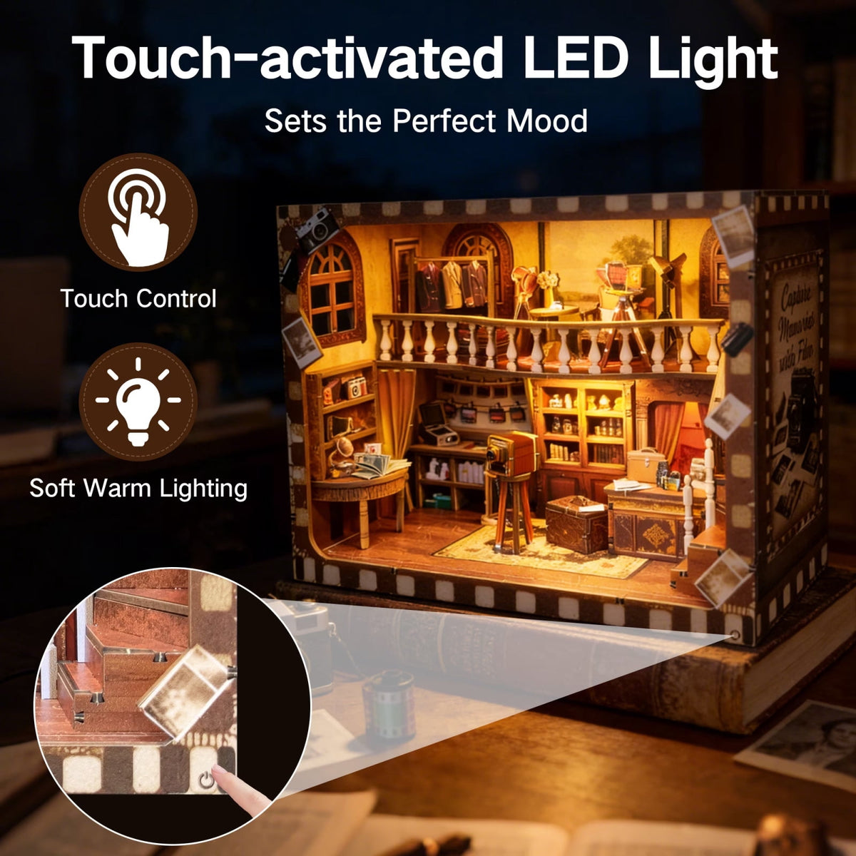 165 Piece Miniature 3D Wooden Puzzle, Vintage Photo Studio Model Kit with Touch LED Light, Desk and Shelf Display Decor, 9 Inch