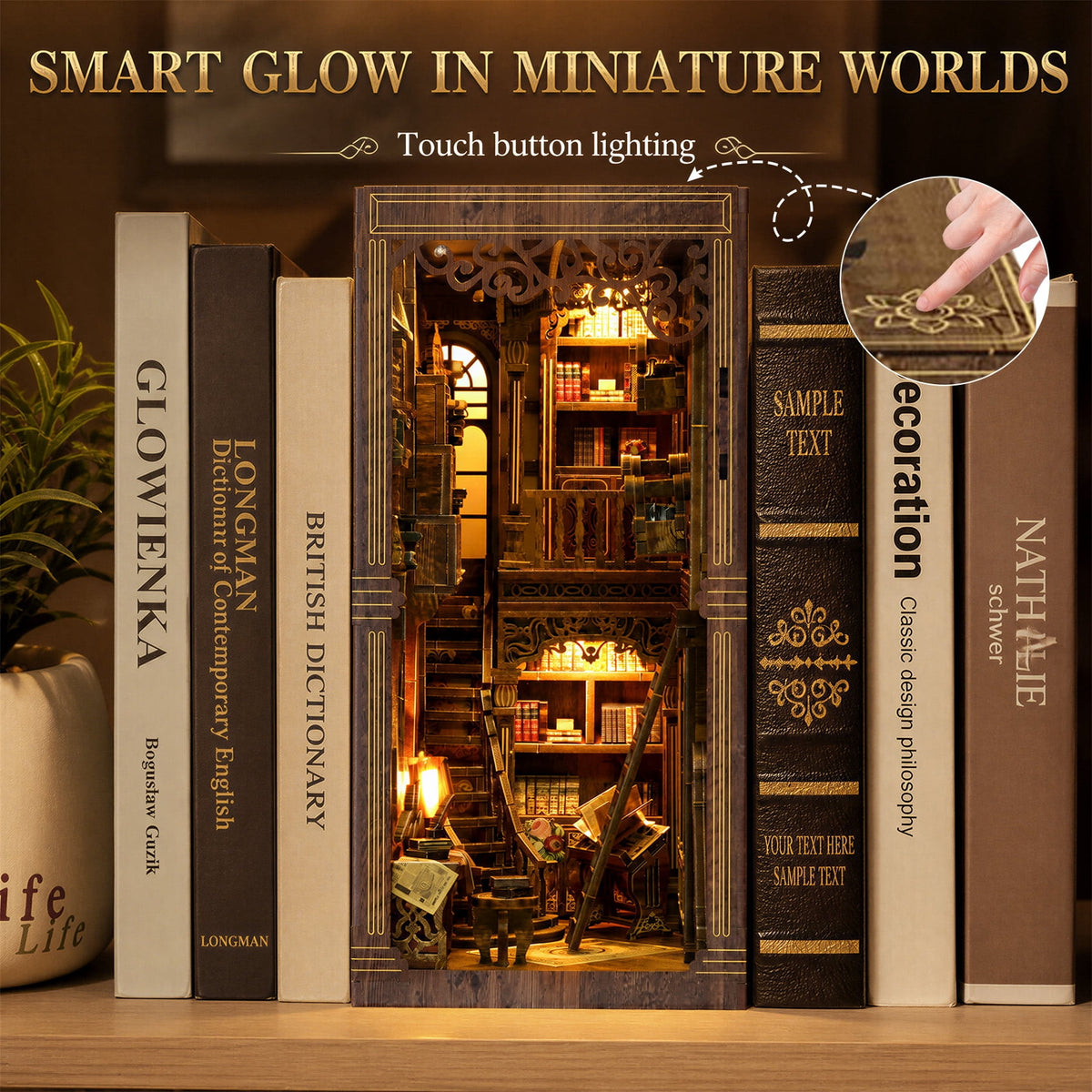 MOJINO DIY Book Nook Kit, 3D Vintage Library Miniature House Wooden Puzzle with LED Light, Tiny Home Doll house Craft Kit for Teens & Adults