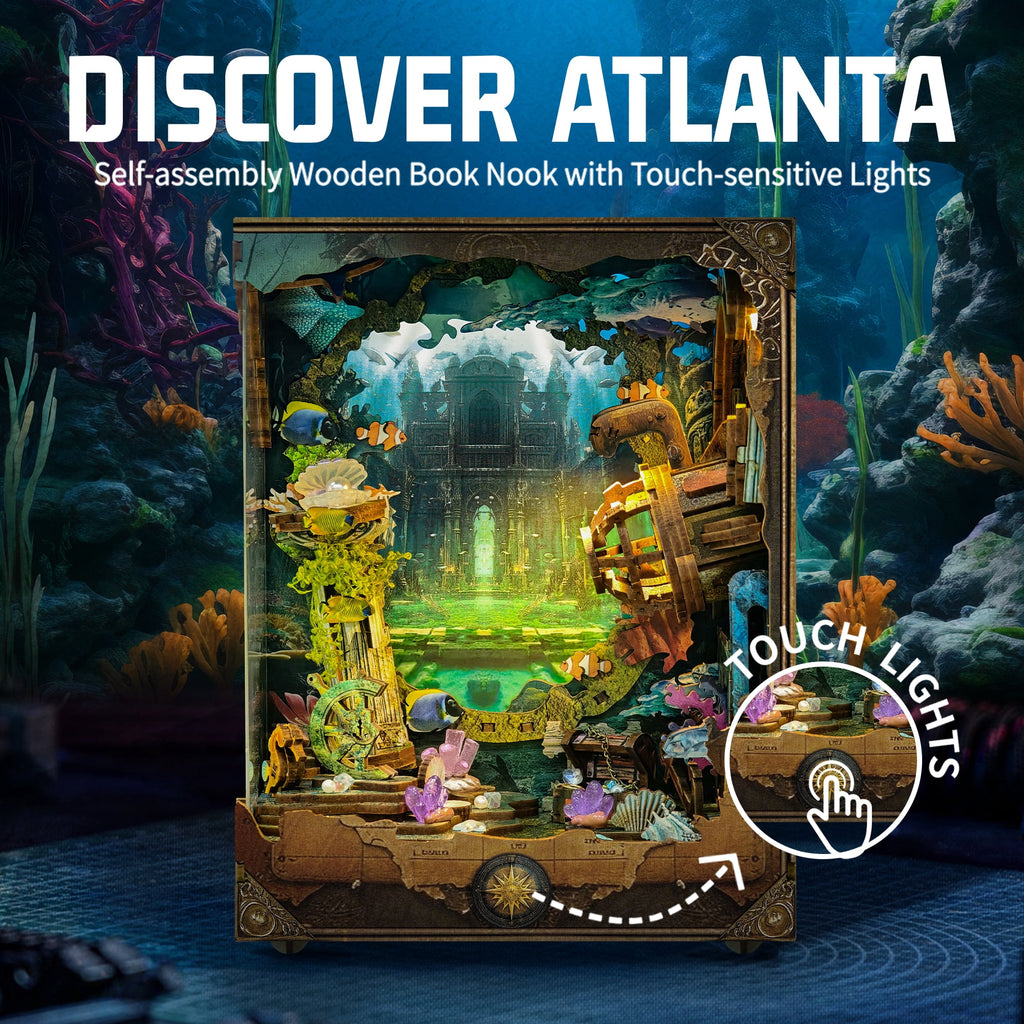 Strucwood DIY Book Nook Kit Discover Atlanta Wooden Puzzles with LED Dust Cover,3D Crafts Hobbies,Gifts for Adults(SQ-02)