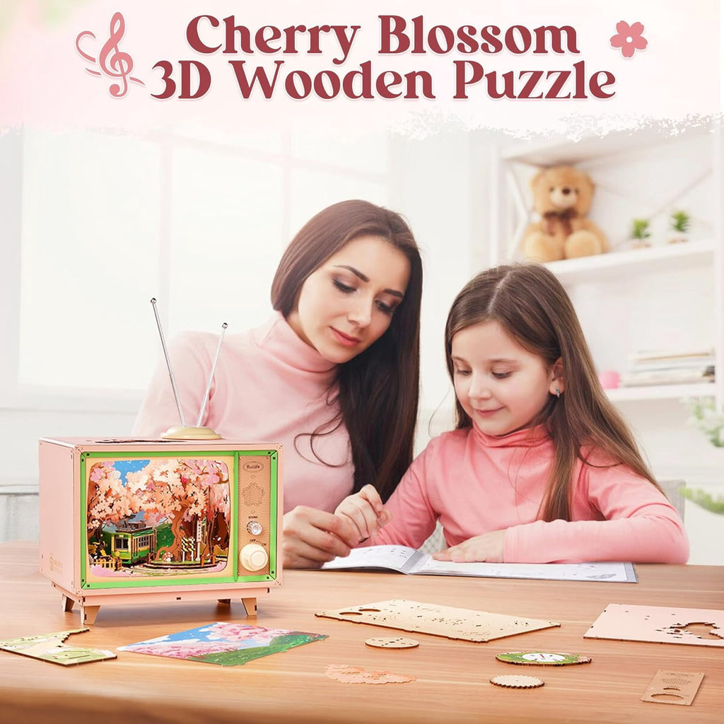 Rolife 3D Puzzle for Adults-Sakura Dreamy Tour, 3D Wooden Puzzles TV Music Box, DIY Creative Craft Kits Model Kits