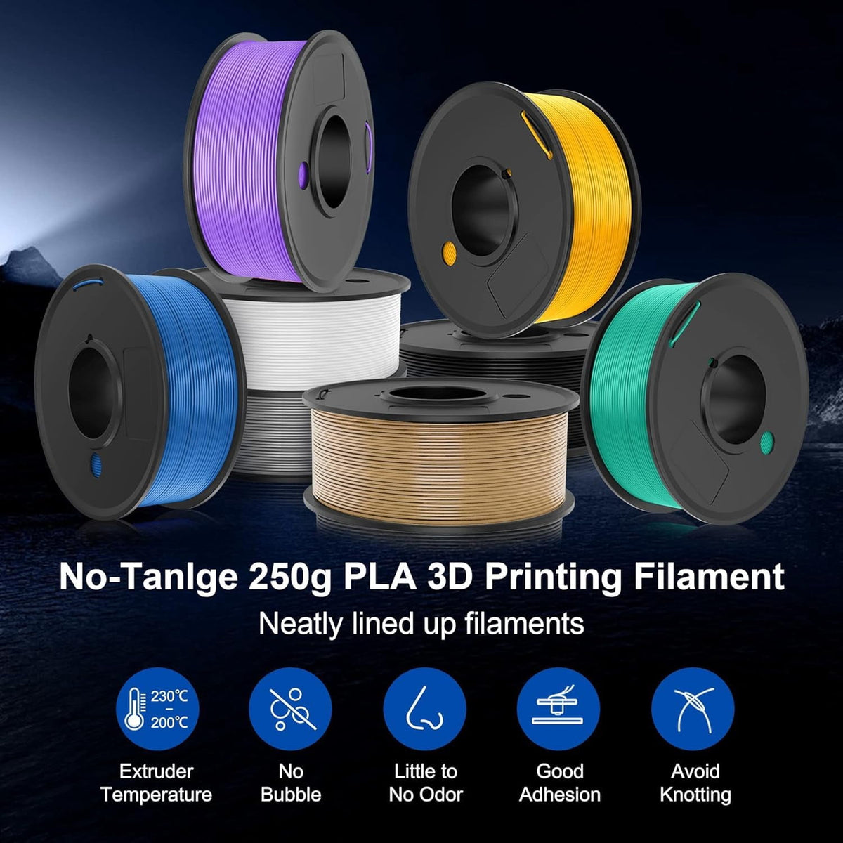 PLA 3D Printer Filament Bundle 8 Spools, 250g Each (2kg Total) 1.75mm Multicolor: Black, White, Grey, Red, Blue, Orange, Green, Transparent, Individually Vacuum Packed