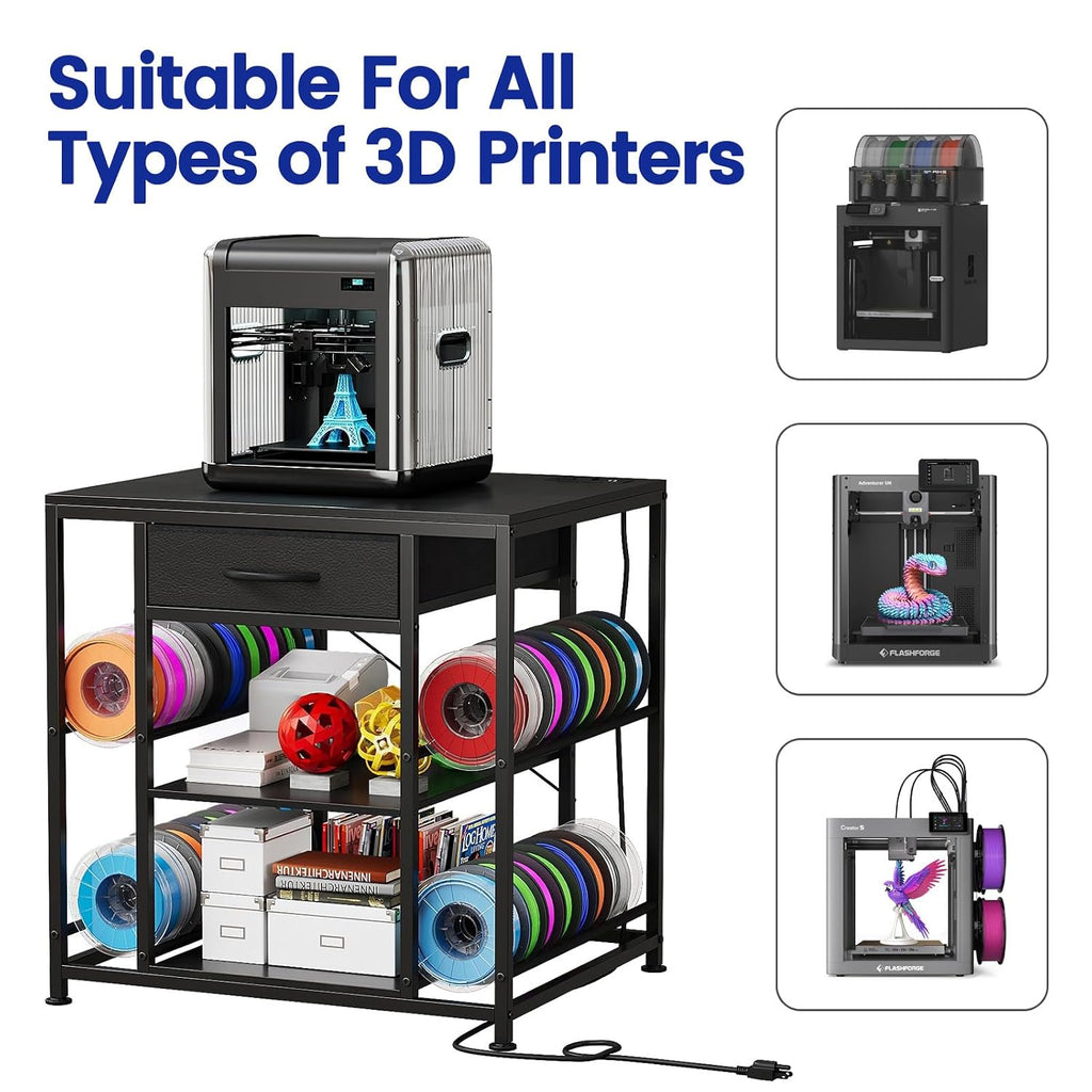 3D Printer Table with Filament Storage Rack & Drawer Organizer | 28-Spool Holder Rack,Anti-Shake Desk,Heavy duty,Anti-Vibration Feet, for home studio, office