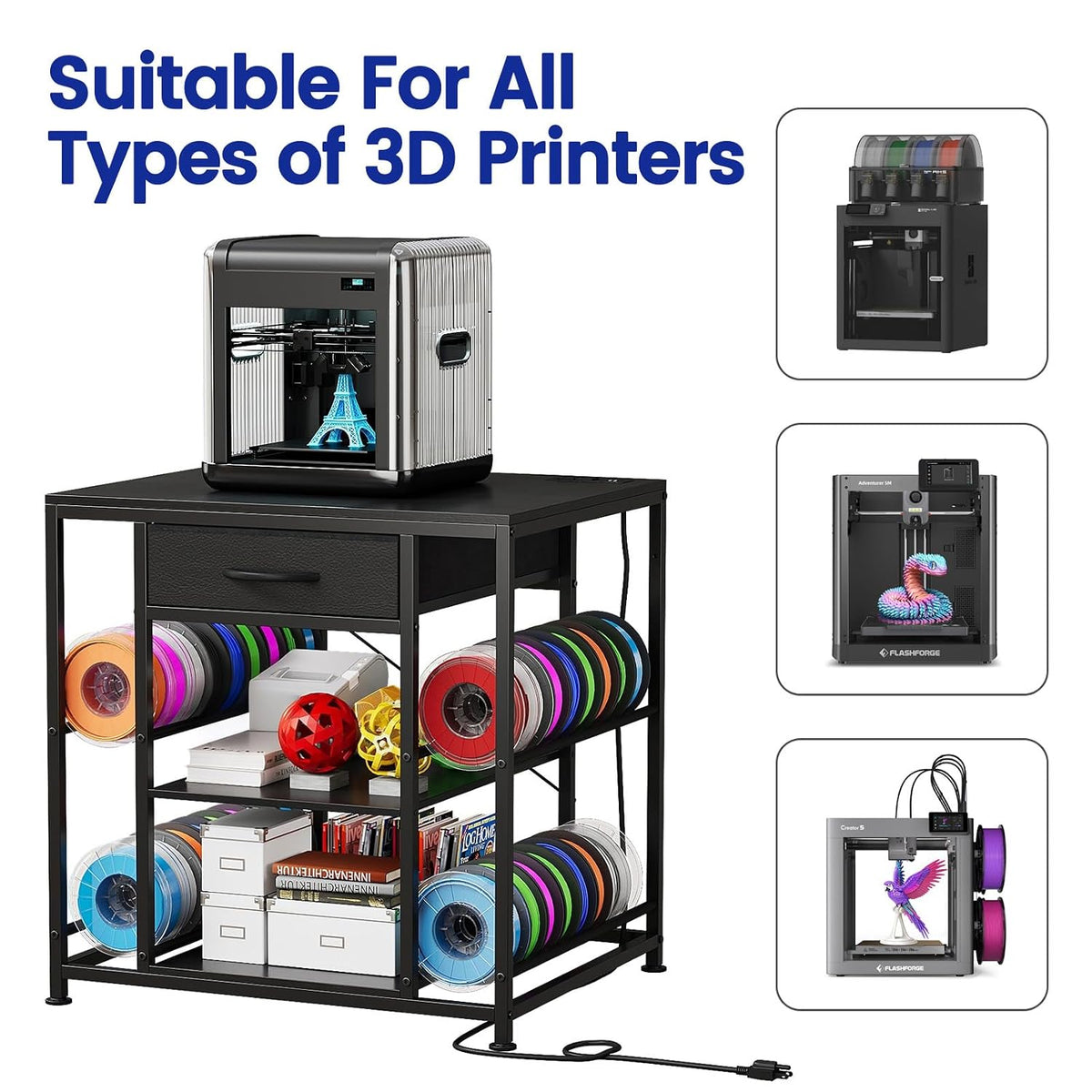 3D Printer Table with Filament Storage Rack & Drawer Organizer | 28-Spool Holder Rack,Anti-Shake Desk,Heavy duty,Anti-Vibration Feet, for home studio, office