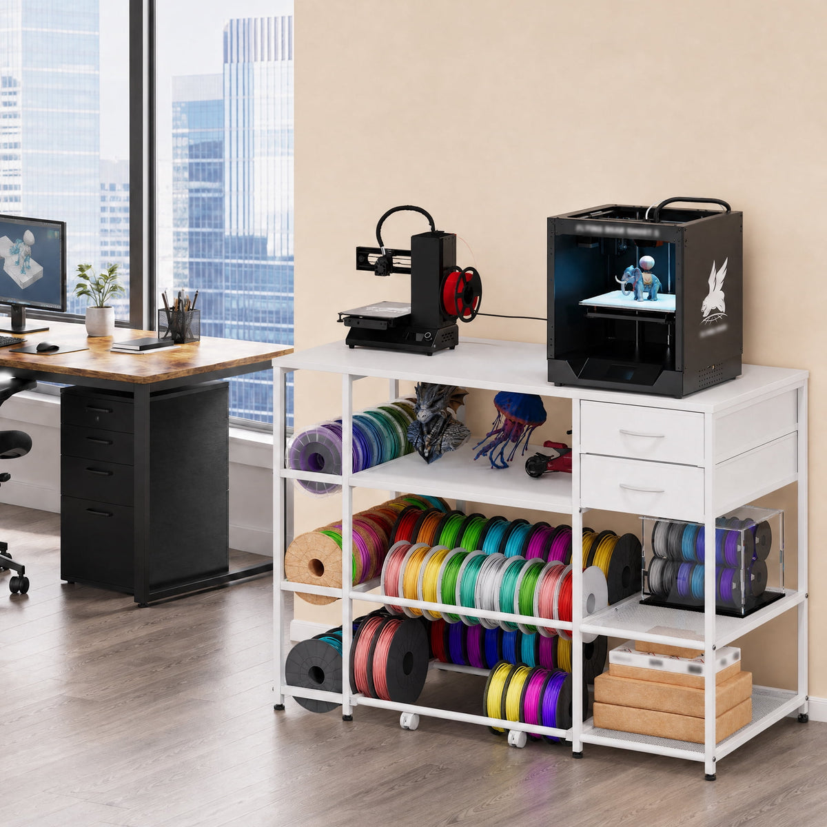 Advwin 47" Heavy Duty 3D Printer Stand with Power Outlet, Pull-Out Rolling Filament Storage Rack, 2 Fabric Drawers & Open Shelves, 3D Printer Table Workstation for Home Office Studio, Black