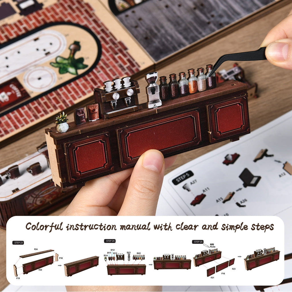 DIY Book Nook Kit with LED Light,Forest Tea Book Club Miniature House Bookshelf Insert Decor, 3D Wooden Puzzle Dollhouse Craft Kit for Adults Teens, Book Lover Gift
