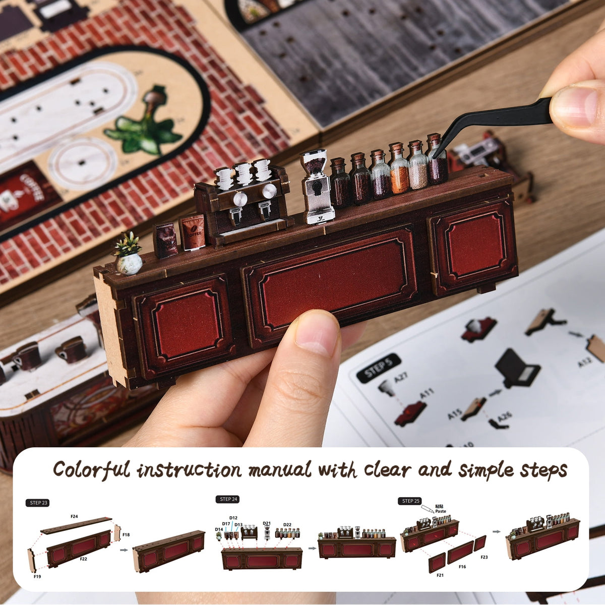 DIY Book Nook Kit with LED Light,Forest Tea Book Club Miniature House Bookshelf Insert Decor, 3D Wooden Puzzle Dollhouse Craft Kit for Adults Teens, Book Lover Gift