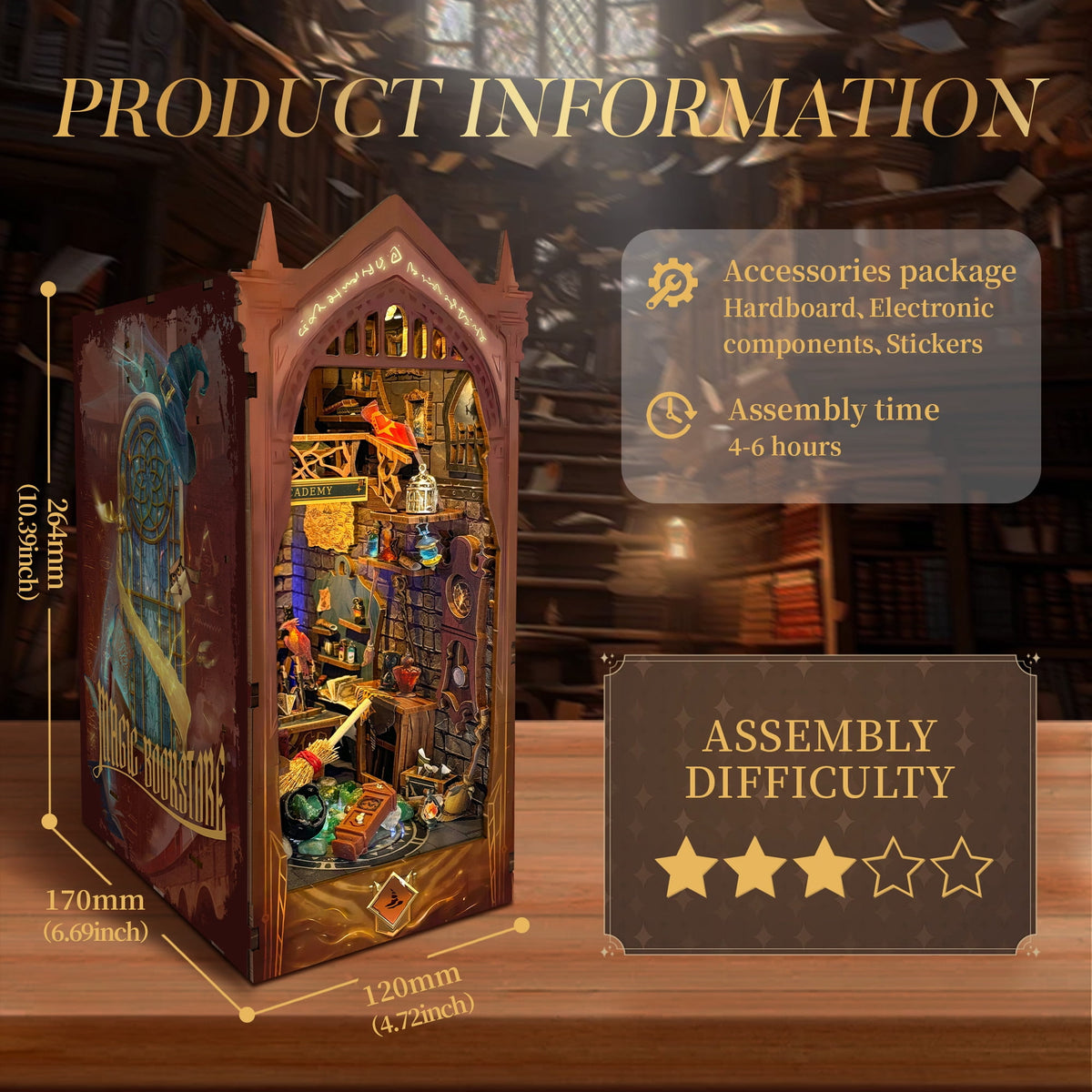 Strucwood DIY Book Nook Kit Magic Academy: 3-Color LED, Remote Control & Dust Cover, 3D Wooden Puzzle Gift for Adults（SQ-38）