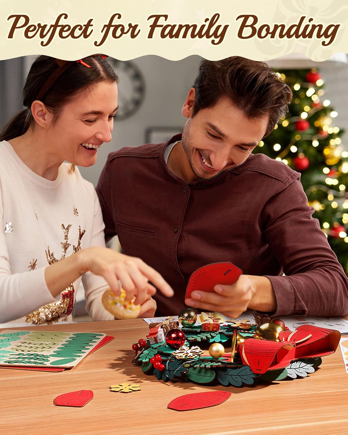 Rolife Christmas Wreath 3D Wooden Puzzle, DIY Holiday Decor with Red Bow, Pine Cones, Berries & Bells, Hanging Ornament for Door Window Fireplace, Creative Gift for Adults Family