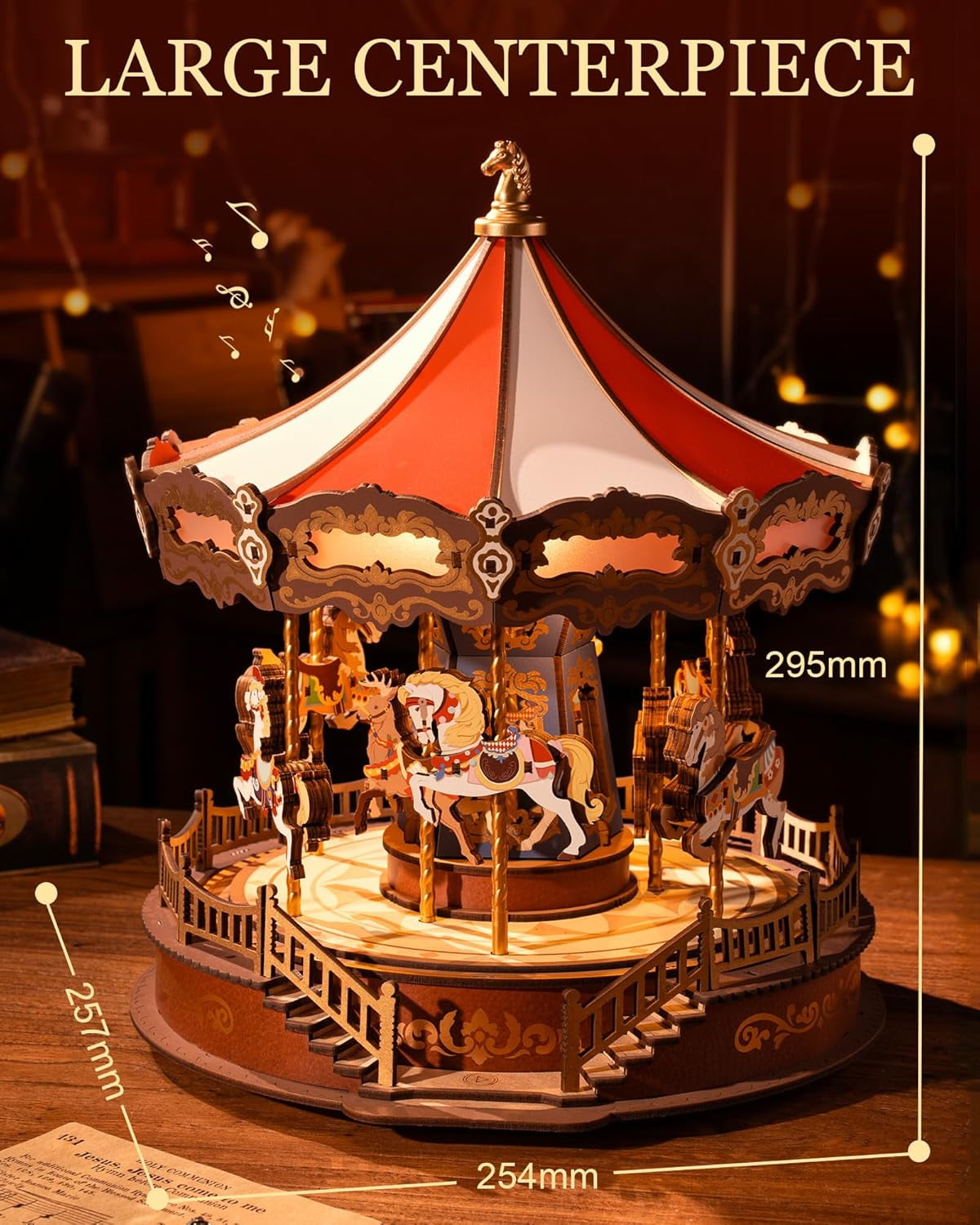 Robotime Classic Carousel Dreamer 3D Puzzle Music Box, DIY Wooden Building Model Kits,Christmas Birthday Gift for Kids Girls Adults