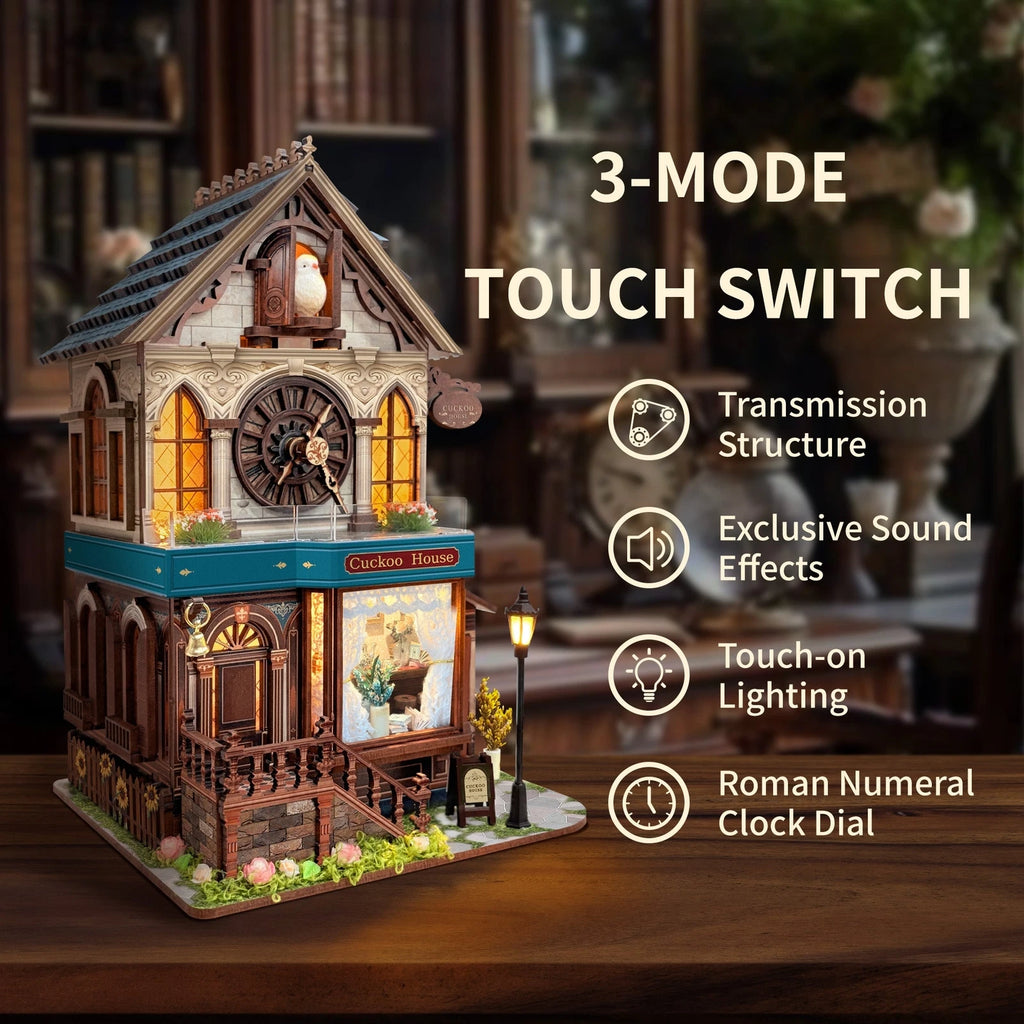 Cuckoo Cottage Clock Mechanical 3D Wooden Puzzle DIY Miniature Kit Book Nook