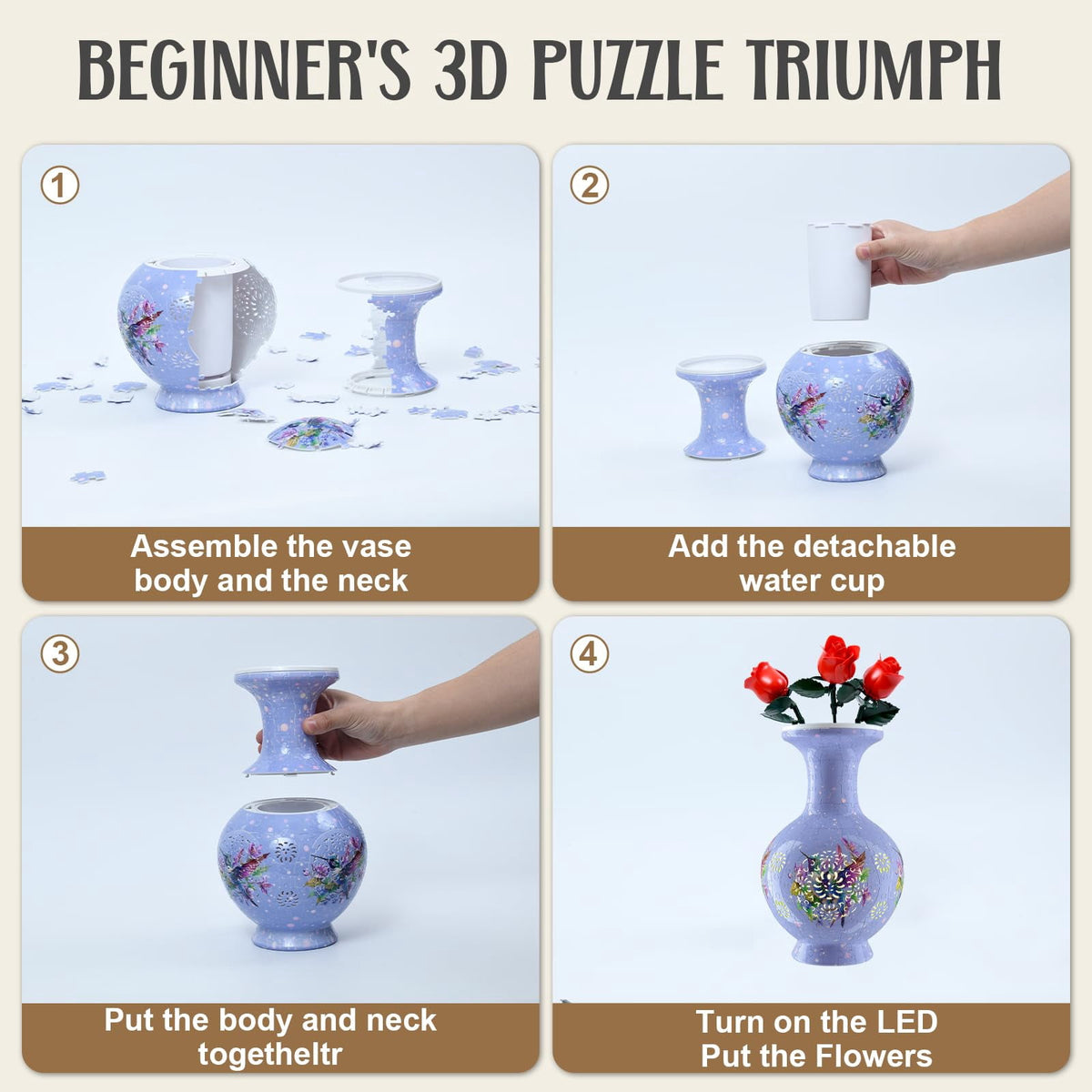 3D Vase Puzzle with Lighting ,200Pieces 3D Puzzles for Adults,Vase Puzzle for Home Decor,Christmas Birthday Gifts