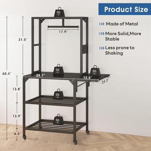 Black Metal 3D Printer Stand with Storage Rack, Wheels, and T-Shaped Spool Holder, 28.7x23.2x65.4 in