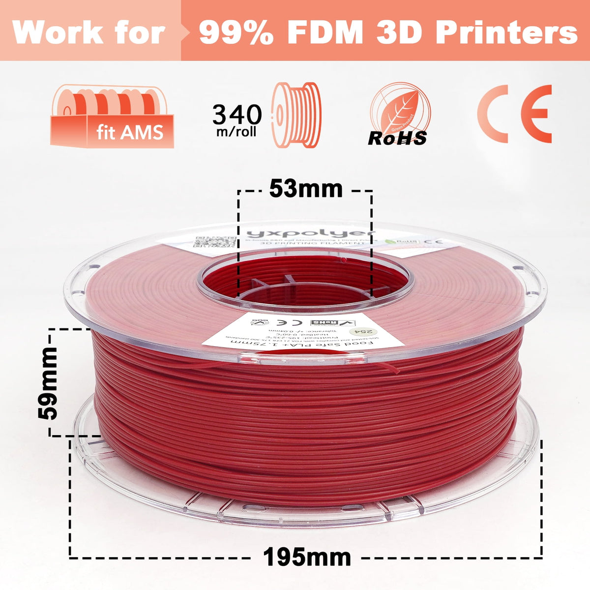 YXPOLYER PLA Filament Food Grade 1.75mm 1kg for 3D Printing, PLA+ Skin Flesh Tone 3D Printer Filament AMS-Compatible