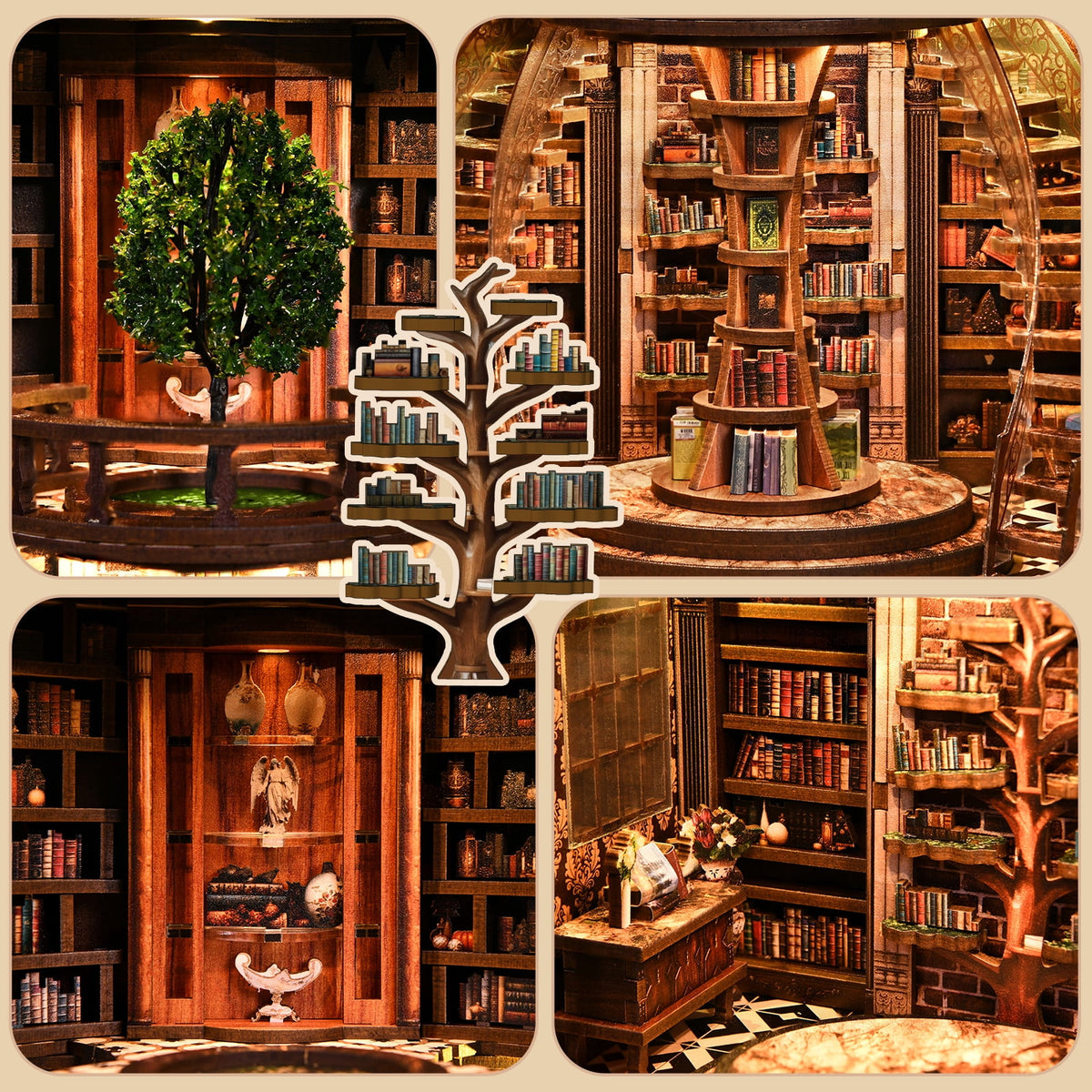 Structwood DIY Book Nook Kit Wisdom Rings Book Repository Wooden Puzzle 3D Miniature Doll House Model with Sensor LED Lights Gift for Adults(AH01-005)