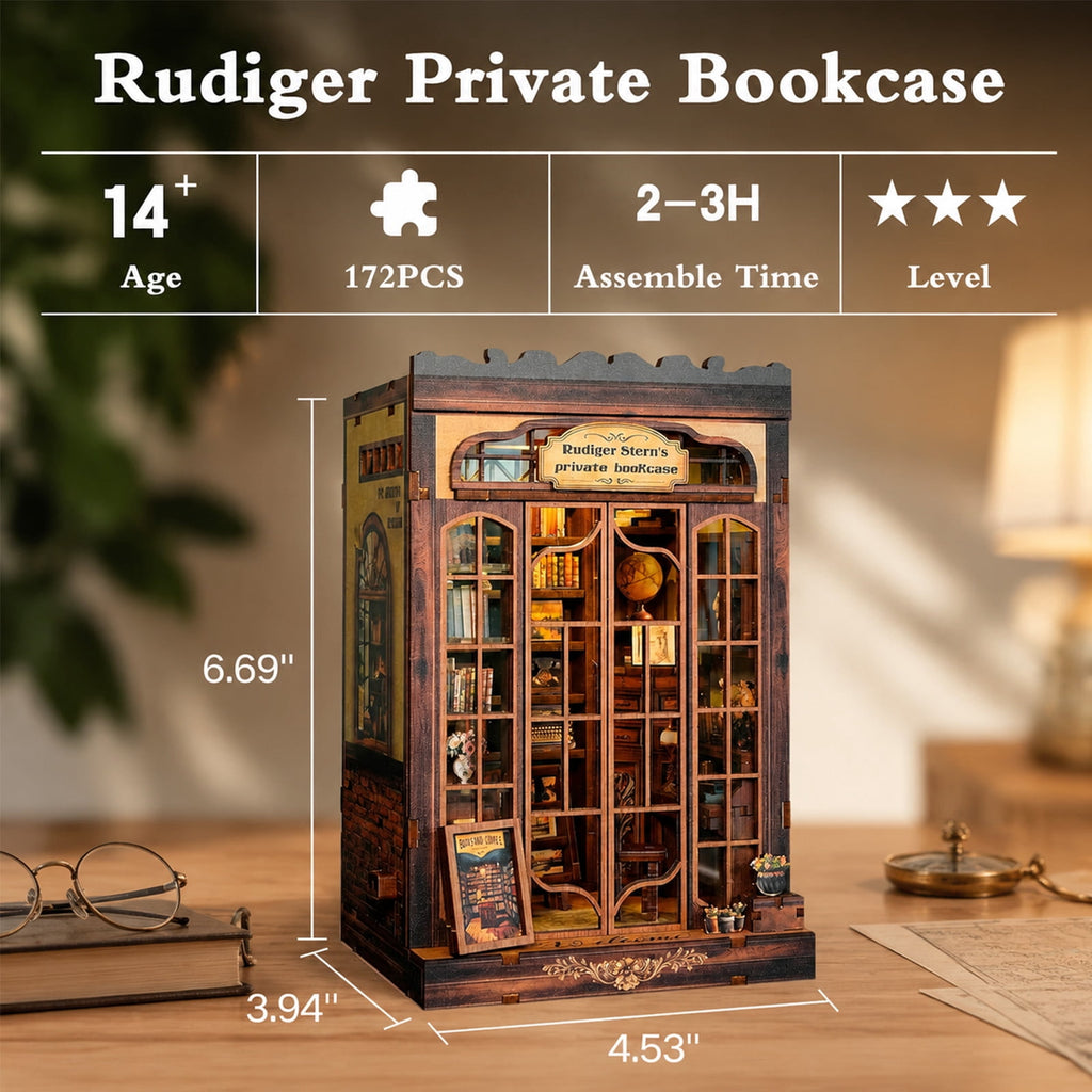 MOJINO DIY Book Nook Kit with LED Light, 172-Piece Miniature Library Dollhouse Kit, 3D Wooden Puzzle Bookshelf Insert, Retro Bookstore Craft Kit for Adults Teens and Book Lovers