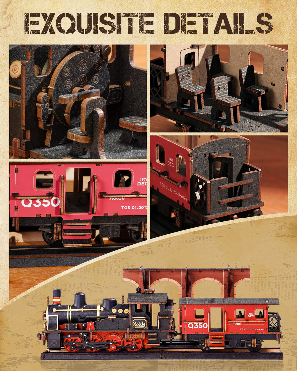 ROKR 3D Wooden Puzzle Steam Journey Train Vintage Car Model Kit Toy Xmas Gift for Boys/Girls