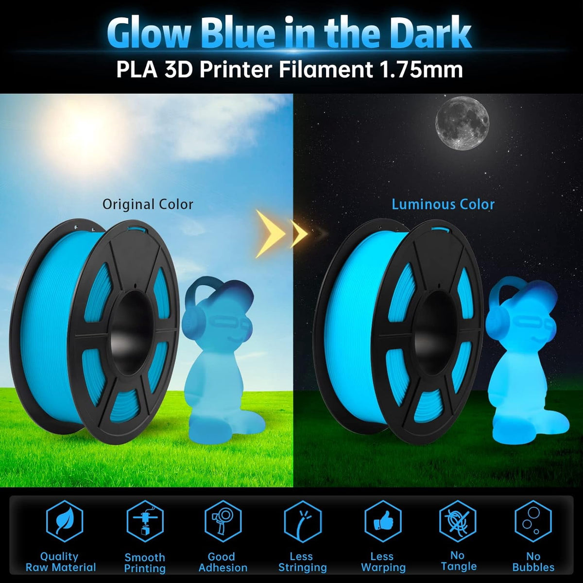 Filajoy3D Glow in the Dark PLA 3D Printer Filaments for Most FDM 3D Printers, Glow Blue