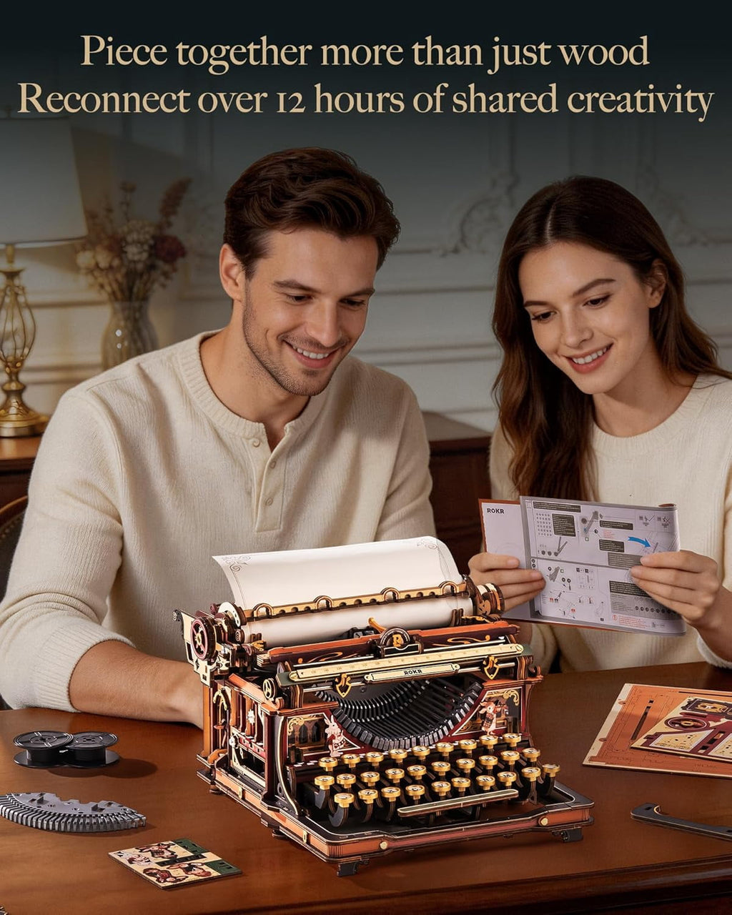 ROKR Vintage Typewriter 3D Wooden Puzzle Kit Mechanical Model with Moving Keys and Paper Roller, Retro Desktop Decor Craft for Adults