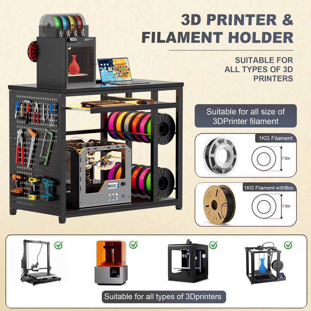 VOXIVEE 3D Printer Stand with Filament Storage Rack,Pegboard,Keyboard Tray