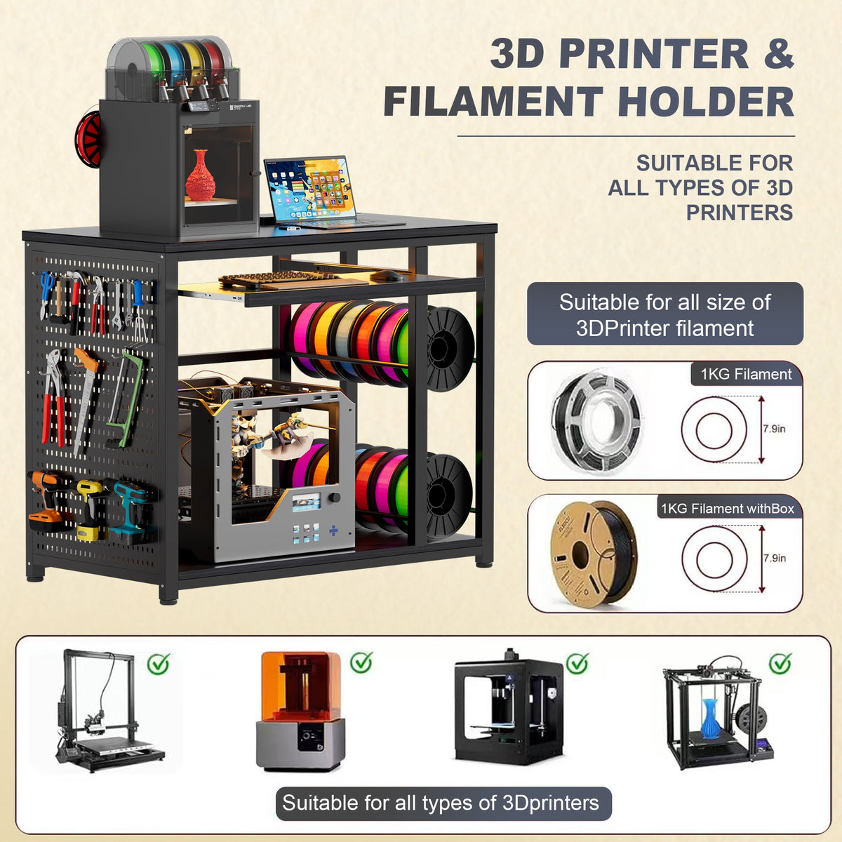 VOXIVEE 3D Printer Stand with Filament Storage Rack,Pegboard,Keyboard Tray