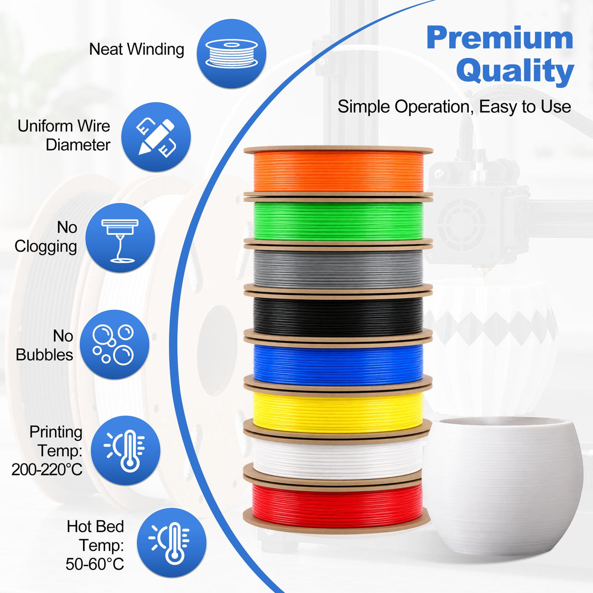 8 Rolls 3D PLA Printer Filament, 1.75mm PLA Filament 250g Spool Bundle for Most 3D FDM Printer(Black+White+Red+Blue+Grey+Yellow+Orange+Green)