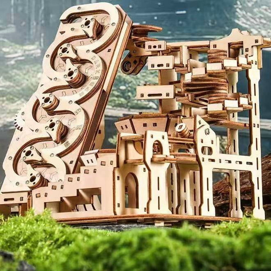 Electric Marble Run DIY Wooden 3D Puzzle Kit, Battery‑Powered Marble Track Model Building Kit for Teens & Adults 14+