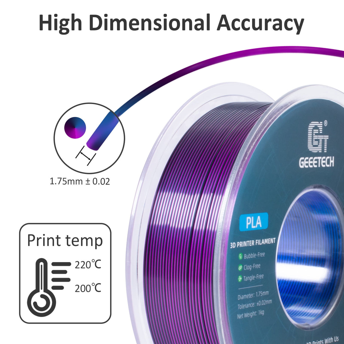 Geeetech Anti-silk type 3D Printer PLA Filament 1kg Toughness Enhanced Filament with 1.75mm Dimensional Accuracy +/-0.03mm, 1080 Feet per Roll, Vacuum Packaging Three-color blue, purple and black
