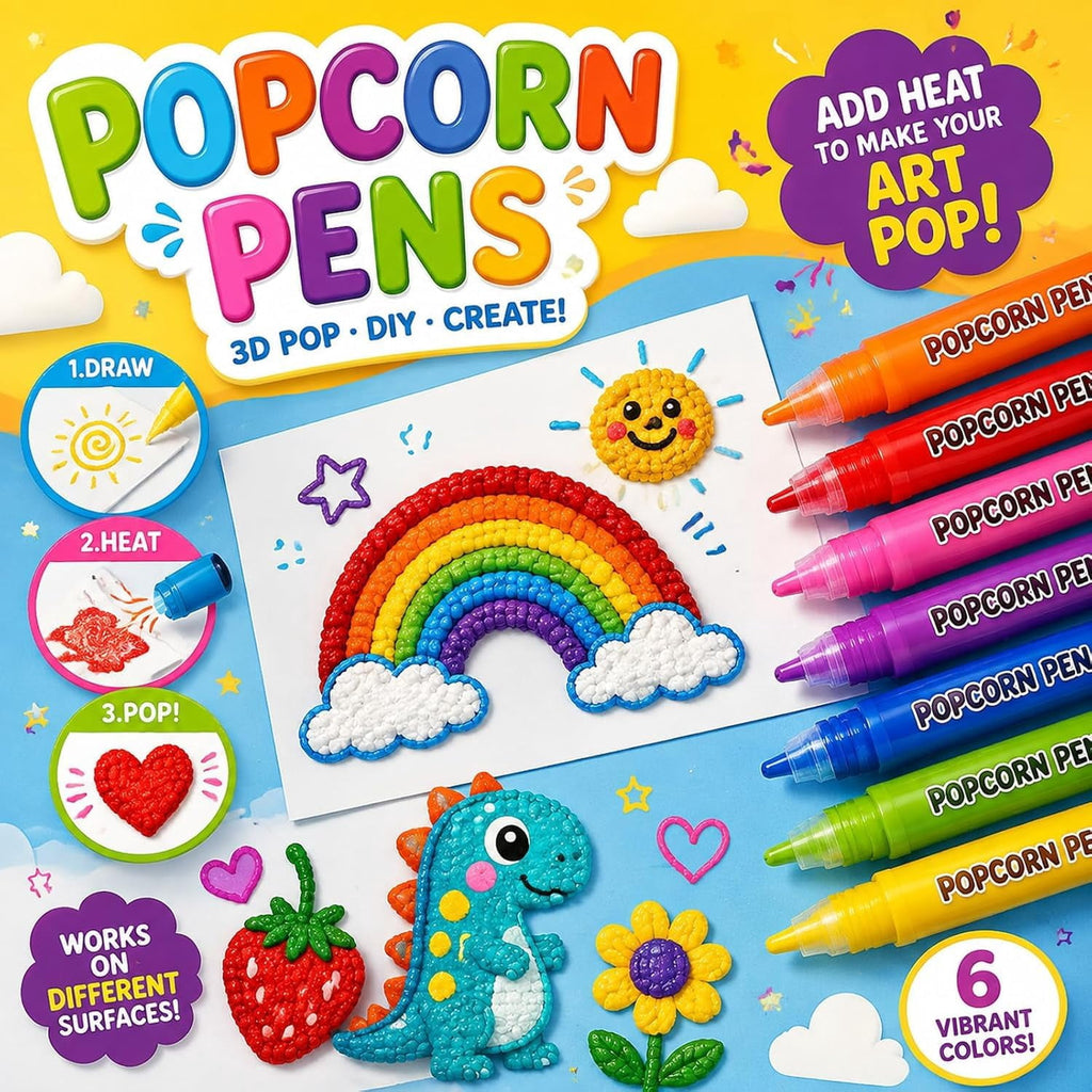 Puffy Popcorn Pens 3D Art,DIY Bubble Popcorn Drawing Pen with 6 Colors,Dries with Fun Texture for Drawing Coloring Crafts Art Projects and Classroom